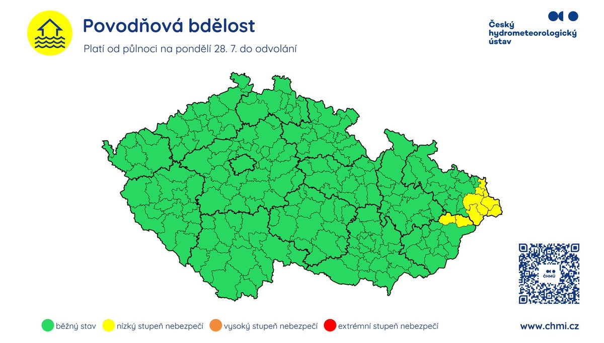 CHMUCHMI's tweet image. ⚠️ Aktualizace výstrahy ČHMÚ

📌 Aktualizovaná výstraha upravuje územní platnost výstrahy před dnešními bouřkami a přidává varování před vydatnými srážkami a povodňovými jevy na neděli 27. 7. a pondělí 28. 7. pro východ území.

⛈ Dnes (26. 7.) v odpoledních a večerních hodinách…