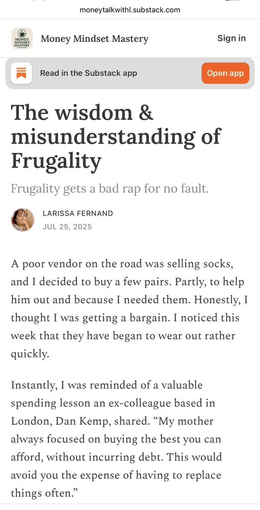 Frugality is about maximising total value.
It’s not about looking for the cheapest deal, but getting as much value as possible out of your money.

Cheap can be very expensive in the long run. 
By buying the lowest-priced options, you could end up spending much more.

My latest: