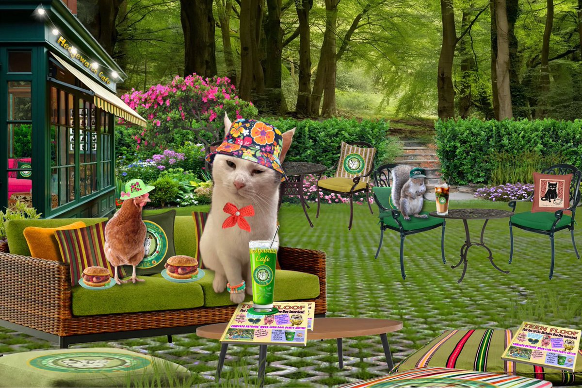 #HWCafe. We are relaxing on the terrace and having a good read of Teen Floof magazine with my special free takeout cup. ❤️❤️🐾🐾