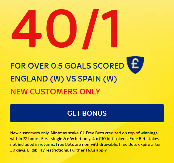 40/1 for over 0.5 goals to be scored in England Women v Spain Women!

Here 👉 bit.ly/4kVoBm0

£1 max stake, enhanced winnings paid in free bets.

New customers only.

18+ gambleaware.org #AD T&amp;Cs apply