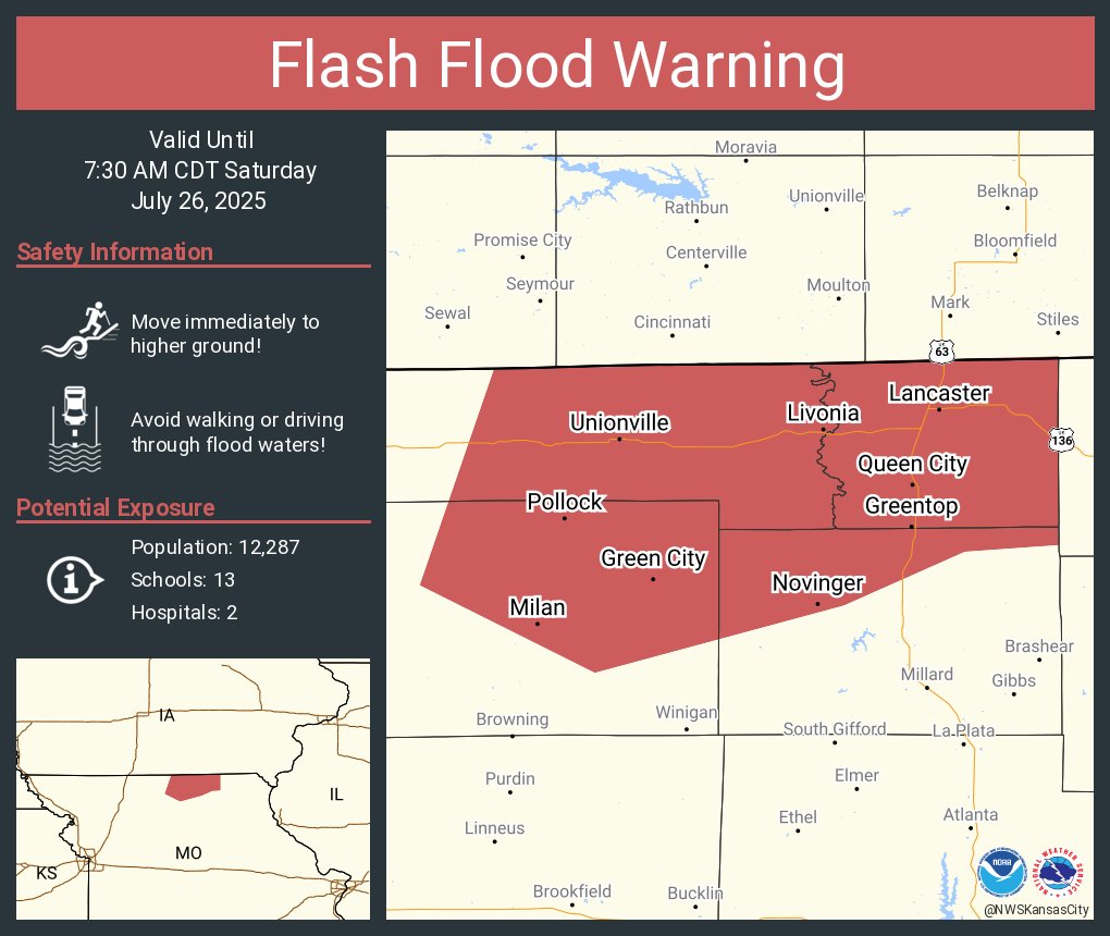 NWSFlashFlood's tweet image. Flash Flood Warning including Milan MO, Unionville MO and Lancaster MO until 7:30 AM CDT