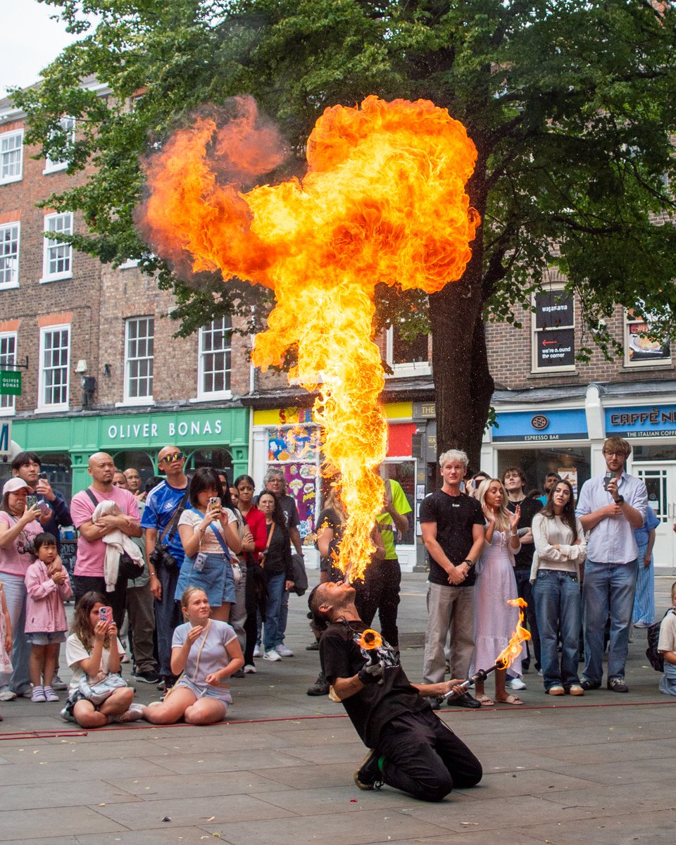 kingssquareyork's tweet photo. Street performances today in the square. Japanese performer Chinnen is still here come and catch his show. #york #visityork #firebreathing #busking #streetperformer https://t.co/2LSFLoXpUF
