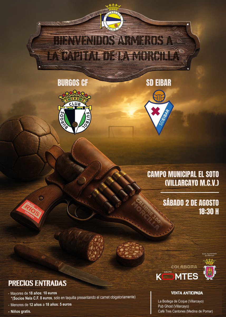 ◼️ ¡𝘽𝙞𝙚𝙣𝙫𝙚𝙣𝙞𝙙𝙤𝙨 𝙖𝙧𝙢𝙚𝙧𝙤𝙨 𝙖 𝙡𝙖 𝙘𝙖𝙥𝙞𝙩𝙖𝙡 𝙙𝙚 𝙡𝙖 𝙢𝙤𝙧𝙘𝙞𝙡𝙡𝙖! <a href="/EMBUTIDOSRIOS/">EMBUTIDOS RIOS</a> 

⚽🆚 <a href="/Burgos_CF/">Burgos Club de Fútbol</a> y <a href="/SDEibar/">SD Eibar</a> disputarán un gran encuentro de pretemporada en Villarcayo el sábado 02 de agosto a las 18:30 horas.

#BurgosCF #SDEibar