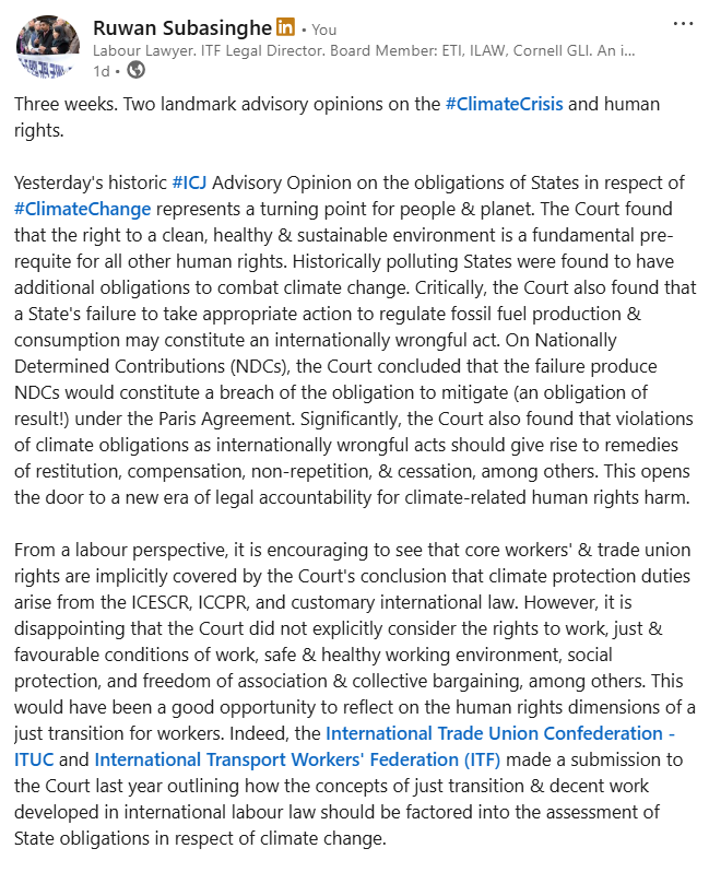 RuwanSubasinghe's tweet image. Some thoughts from a labour perspective on the two landmark advisory opinions on the #ClimateCrisis and human rights by the #ICJ and #IACtHR respectively.👇🏾