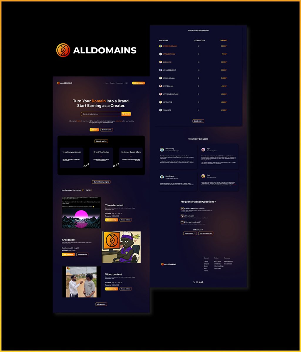spidersol_'s tweet image. What if @AllDomains_ had their own creator websites? 👀
Spidernation introducing a simple drafted AllDomains Creators Page — a hub where every Web3 domain becomes your personal media studio.
📍 Link socials
📍 Track campaigns
📍 Earn from content
📍 Leaderboard
📍 Own your…