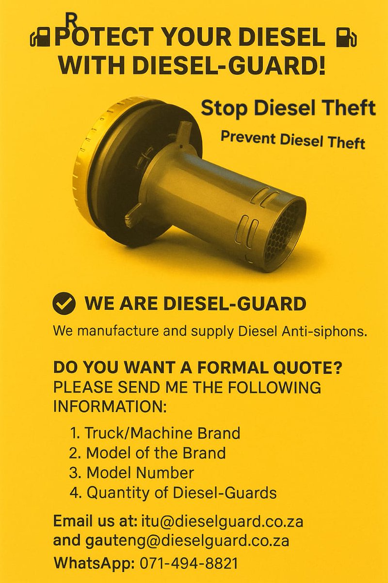 ItuTudu's tweet image. ⛽️ARE THEY STEALING YOUR DIESEL?
We are👉✔️DIESEL-GUARD✔️👈
ARE THEY DRAINING YOUR DIESEL?⛽️
🌐dieselguard.co.za🌐
We have a solution. We manufacture DIESEL anti-siphons called Diesel-Guard, made of hard stainless steel.⛽️
#DA #ANC #EFF #KennyKunene #Malema #Gayton