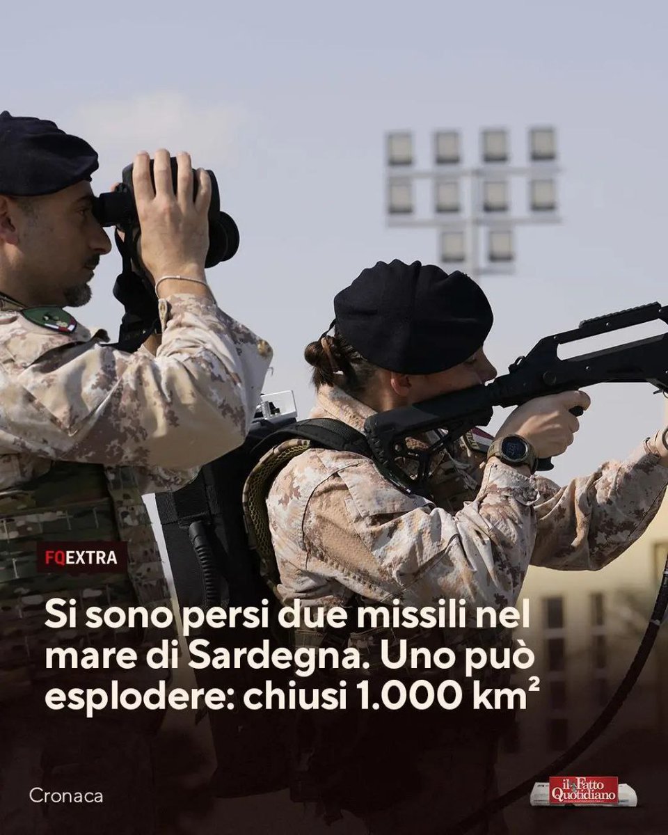 Giorgioaki's tweet image. Due missili perduti nel mare sardo: uno può esplodere
di Alessandro Mantovani
Lanciati a fine maggio per dei test, l’Aster si è inabissato al largo. Dell’altro solo detriti. Quasi 1.000 km² chiusi per sicurezza
Meno male che in Sardegna, da luglio ai primi di settembre, sono…