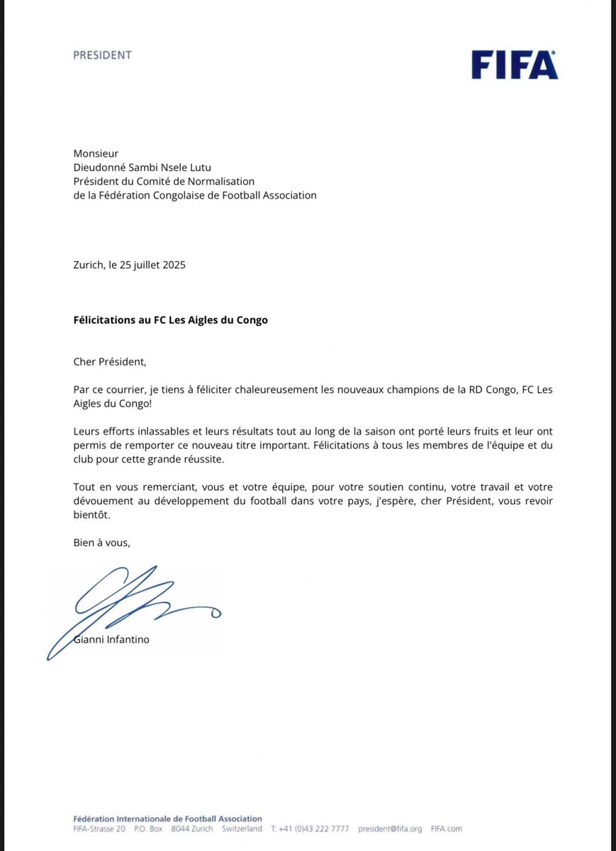 Merci au président de la FIFA, M. Gianni Infantino, pour ses félicitations. Les Aigles du Congo poursuivront leur mission : faire briller le football congolais, ici et ailleurs.
Plus de rêves, que des objectifs !
#LesAiglesDuCongo