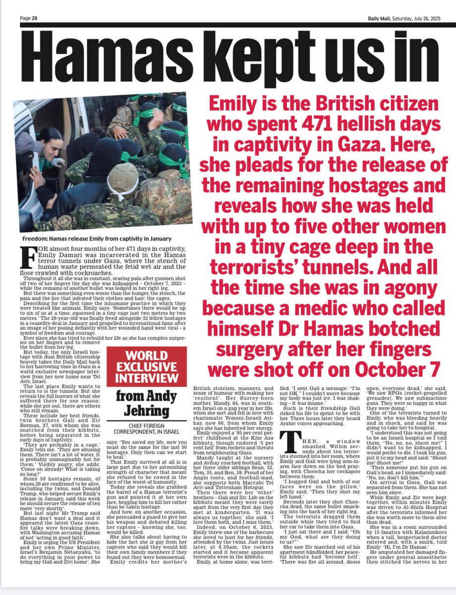 AndyJehring's tweet image. Thread ⬇️
1/ 🧵 “There was one cage, a very small cage… and there were five girls sat in the cage”
Brit-Israeli hostage Emily Damari tells in her first newspaper interview how Hamas locked her in a cage like an animal in Gaza’s tunnels where the floor crawled with cockroaches