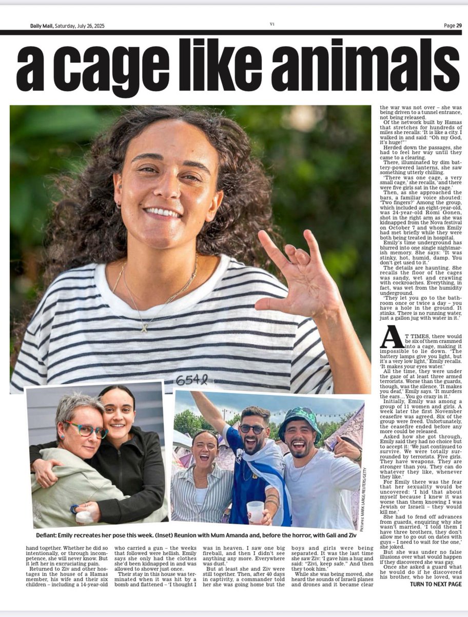 AndyJehring's tweet image. Thread ⬇️
1/ 🧵 “There was one cage, a very small cage… and there were five girls sat in the cage”
Brit-Israeli hostage Emily Damari tells in her first newspaper interview how Hamas locked her in a cage like an animal in Gaza’s tunnels where the floor crawled with cockroaches