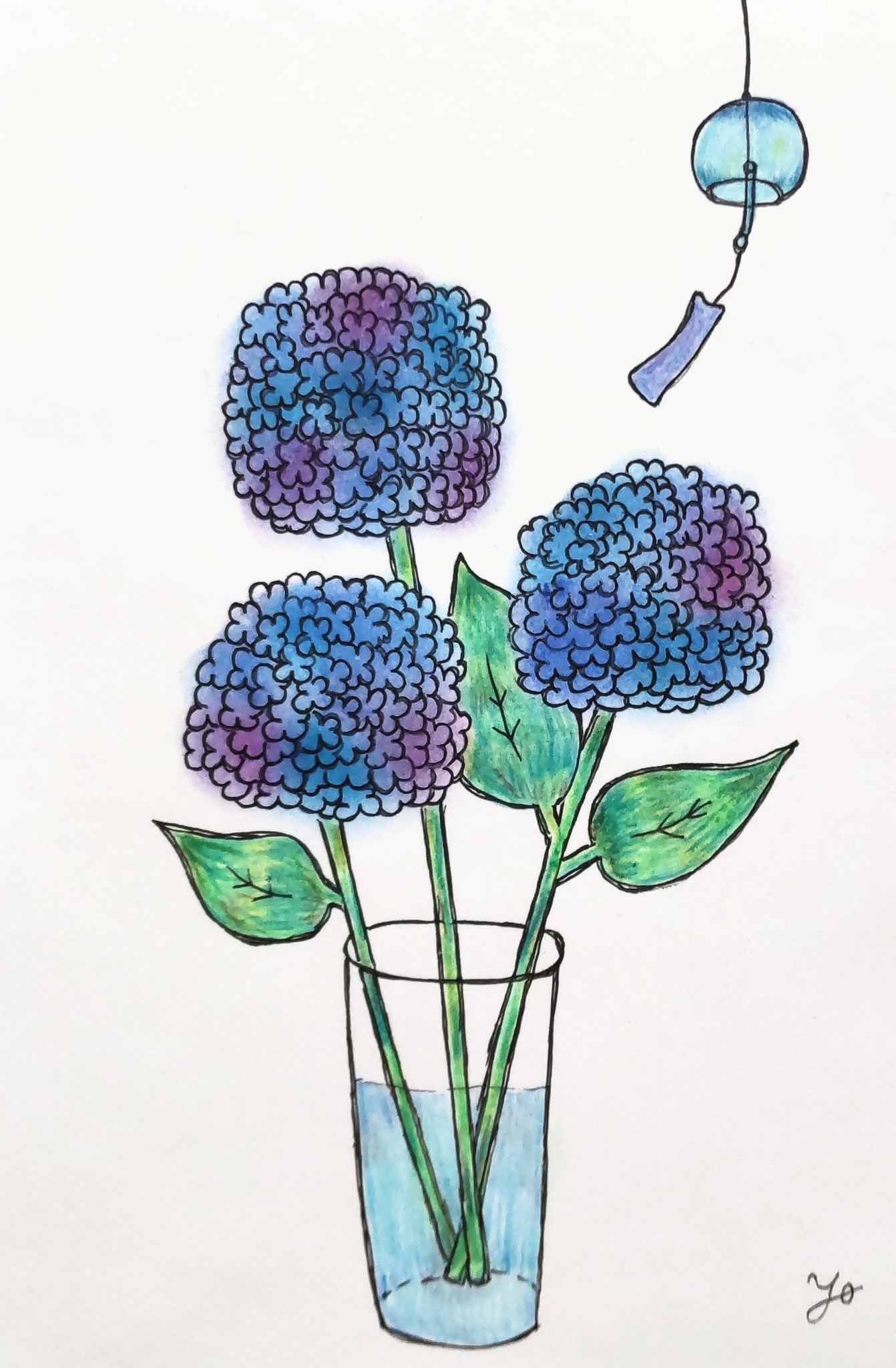 紫陽花　絵 絵手紙妙華】応用：球形紫陽花2輪の描き方解説（下絵・塗り絵付