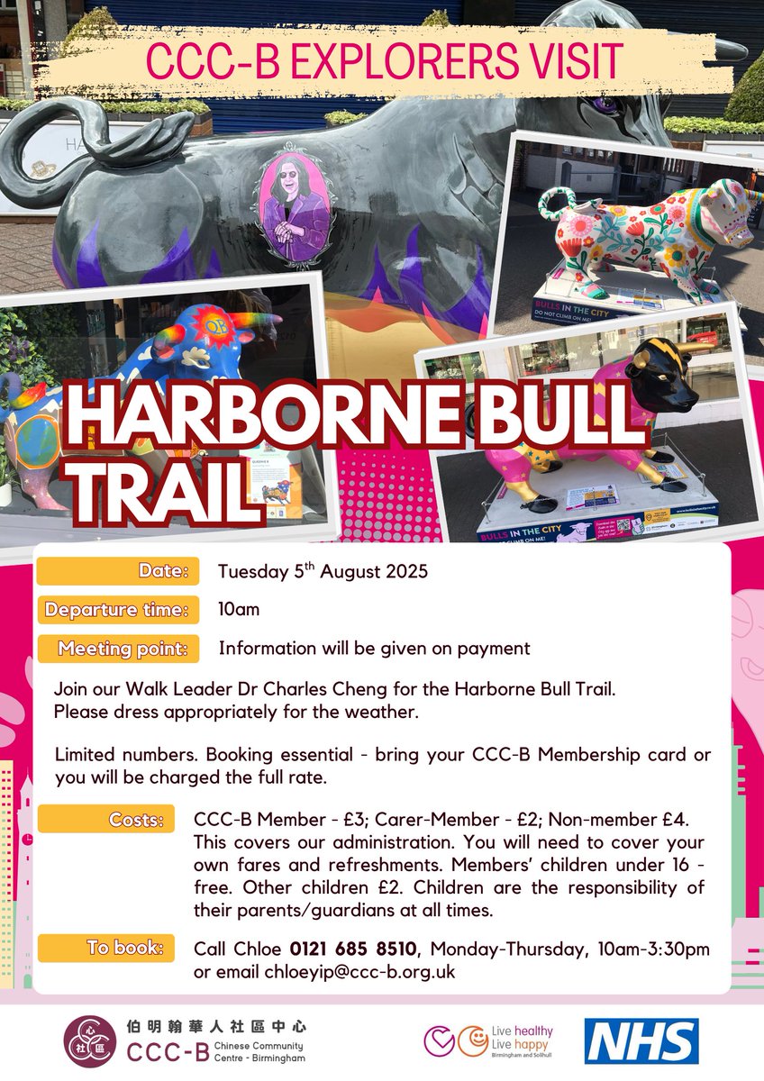 chinesebham's tweet image. Harborne Bull Trail, Tue 5th Aug!
Get your steps in &amp;amp; your curiosity out—come explore the Harborne Bull Trail w/ us for fresh air, fun &amp;amp; a trail full of colourful surprises! More info on flyer.
To book, call Chloe 0121 685 8510, Mon-Thu, 10am-3:30pm or email chloeyip@ccc-b.org.uk