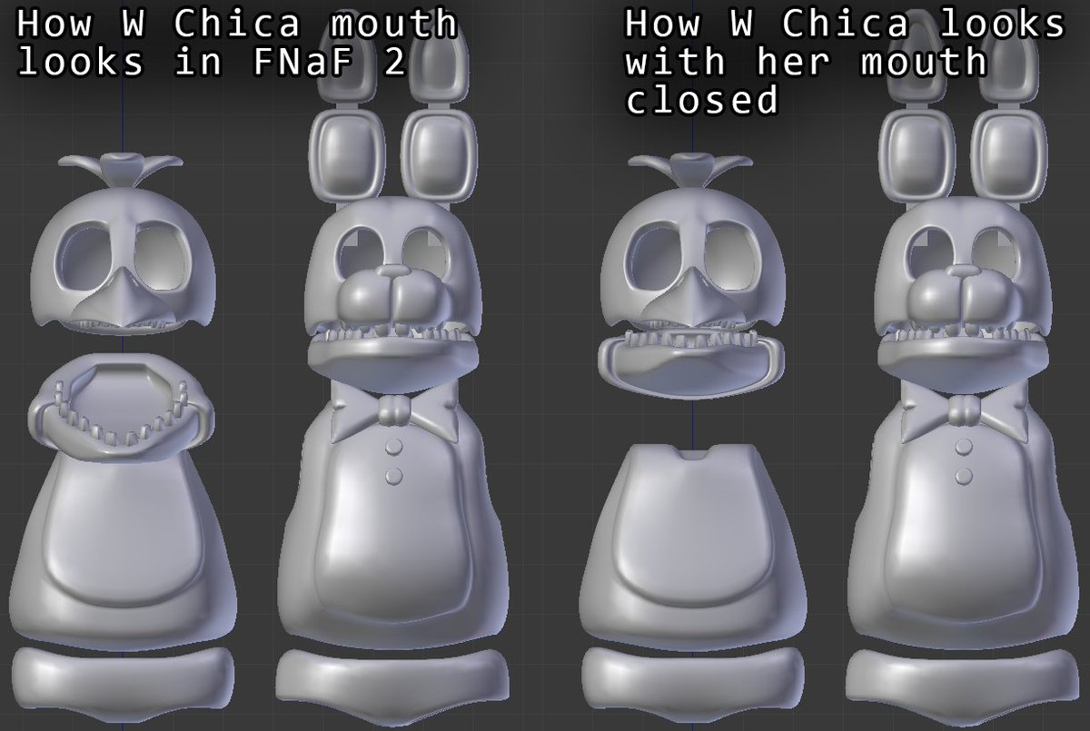Zero_MW0's tweet image. Now that I'm modelling the withereds I noticed something interesting:
Since W Chica was designed to have her mouth always open Scott never modelled her body with her mouth closed in mind.
So she ends up having a huge neck and a small torso compared to W Bonnie.