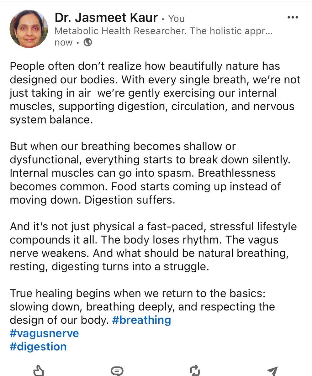 People don’t realize how each breath supports our internal muscles. Poor breathing leads to spasms, reflux, breathlessness, and weak digestion.A fast, stressed life disrupts it all. Healing begins when we slow down and reconnect with the breath. #VagusNerve #RootCause
#digestion