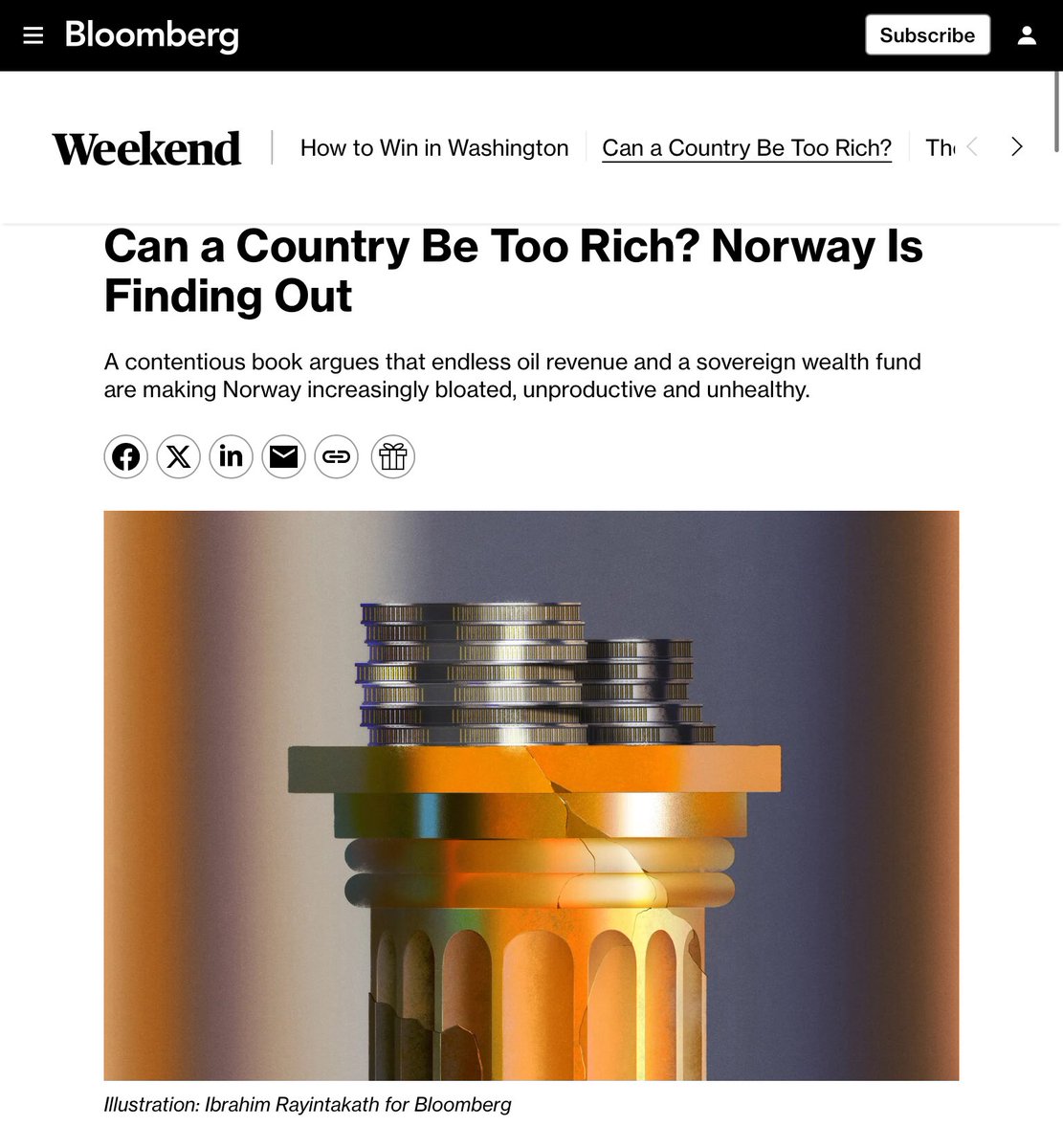 Interesting article in Bloomberg highlighting Norway’s Dutch Disease that is its $2trn oil-based sovereign wealth fund. 

The problem, according to a recent book, is that Norway has too much money allowing households to accumulate piles of debt and enabling the government to fund