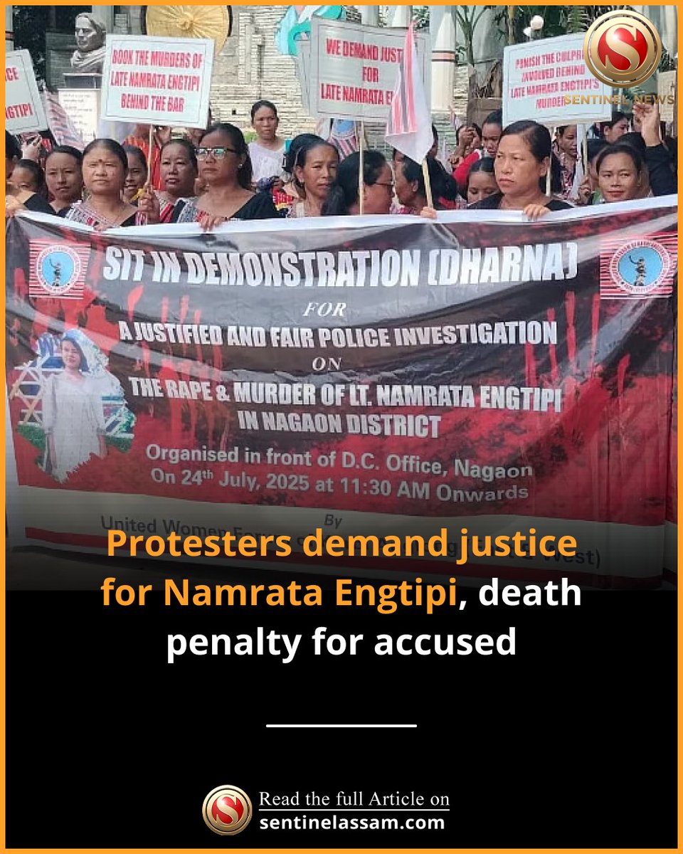 Sentinel_Assam's tweet image. Women from various parts of Karbi Anglong district gathered on Thursday at Nagaon to protest and demand justice for the murder of Namrata Engtipi.
Read more: sentinelassam.com/north-east-ind…
#thesentinel #KarbiAnglong #Nagaon