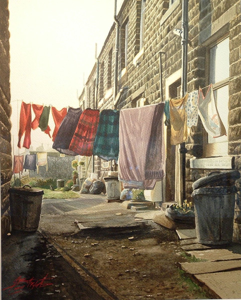 Musk_DaiIy_news's tweet photo. Geoff Butterworth 
He broke his back at work and whilst convalescing he had started to paint …. Watercolours 
I love his work and find it homely , certainly for me as I’m from the area 
The dustbins in the second painting had to take ashes from the fire so were   metal. https://t.co/ztppj7Dib7