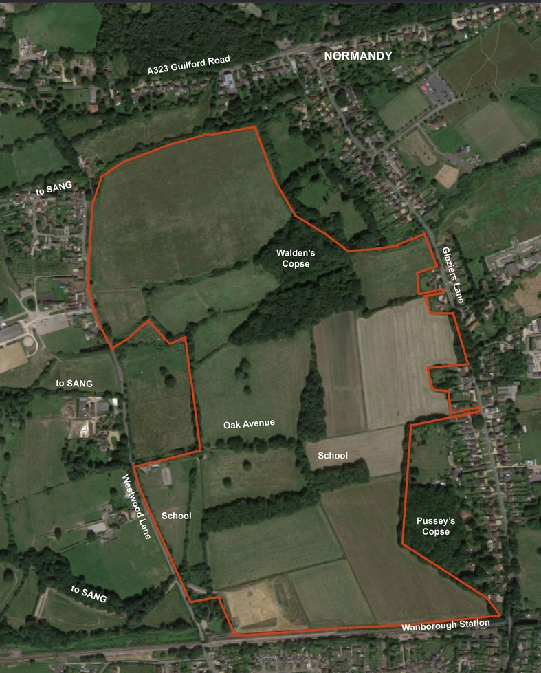 NormandyAG's tweet image. Here we go again... An enormous housing development that would have eliminated the green space at the heart of #Normandy, proposed in 2016 but eventually removed from the @GuildfordBC Local Plan, is back in prospect. For full details visit our website: normandyag.org.uk/red-alert