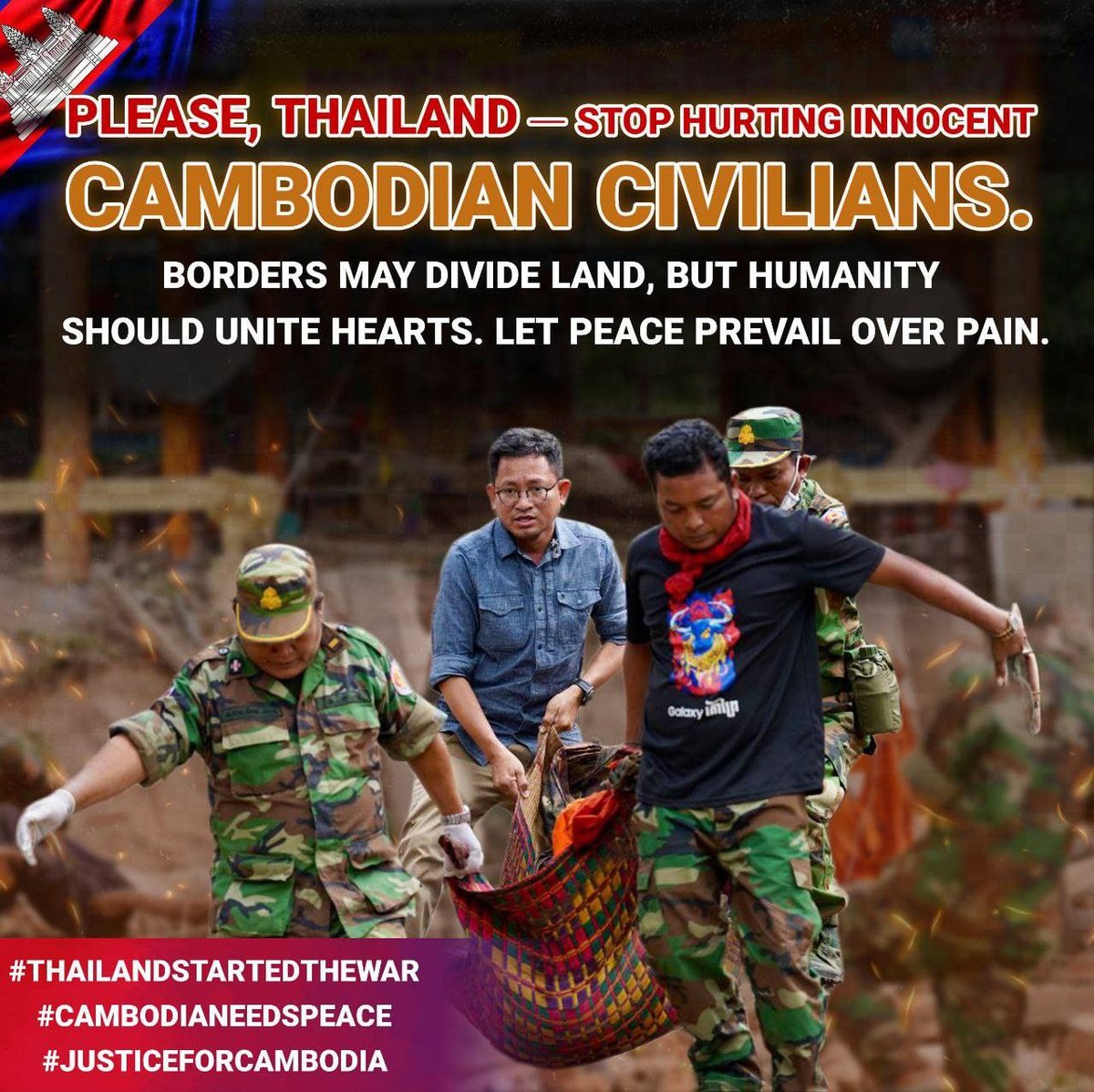 GGbro19007's tweet photo. Cambodia seeks peace and respects neighbors’ sovereignty. Thailand, aiming to claim Cambodian land and temples, has attacked, damaging heritage sites and harming innocent civilians. #help 
#JusticeForCambodia https://t.co/0mnRqJ5Swc