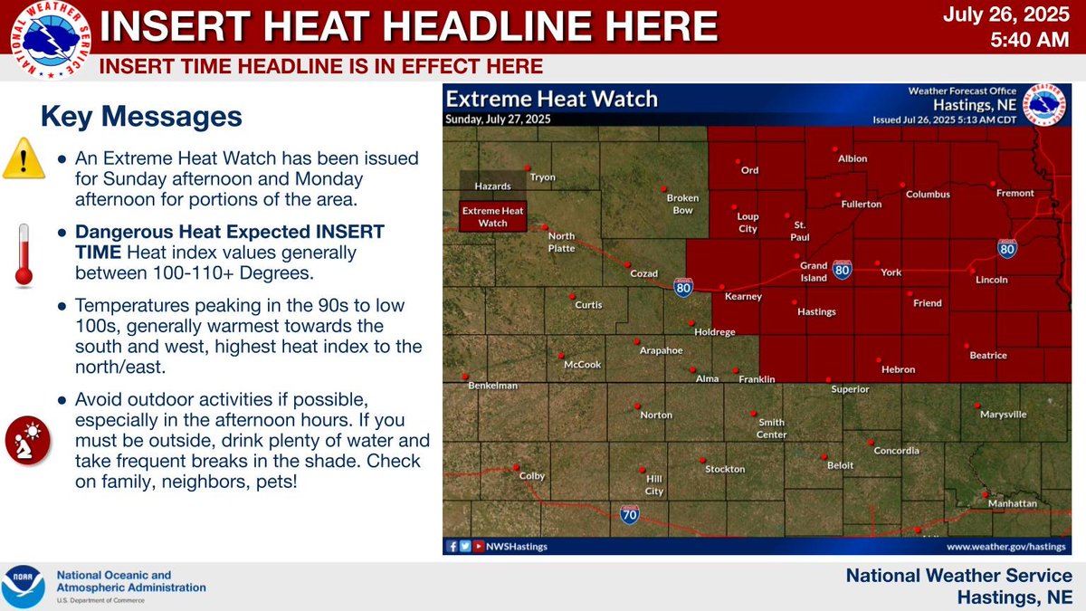 NWSHastings's tweet image. An Extreme Heat Watch has been issued for central and eastern Nebraska for Sunday afternoon. Temperatures will be in the 90s and low 100s. Heat index values will range from around 100 to 110 degrees. Monday values will range from 100 to 115 degrees. #kswx #newx