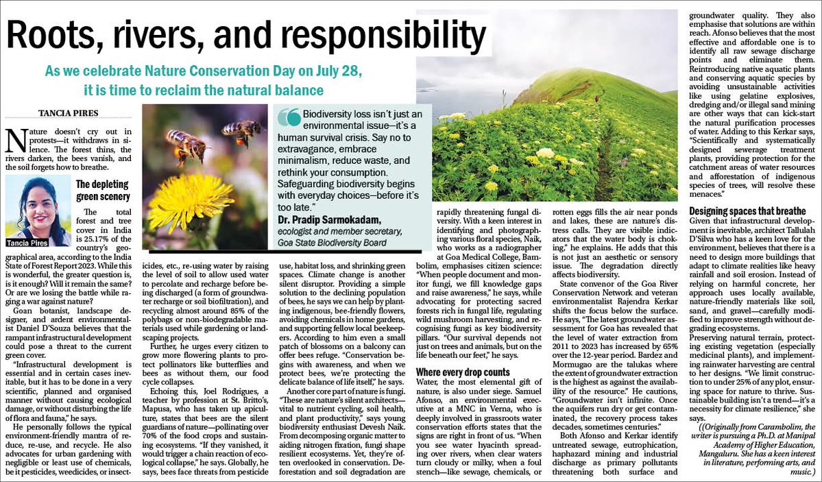 Nature doesn't cry out in protests-it withdraws in silence. The forest thins, the rivers darken, the bees vanish, and the soil forgets how to breathe... Learn more in The Navhind Times (Buzz) today! 

#savenature #goan #SustainableLiving #NavhindTimes
