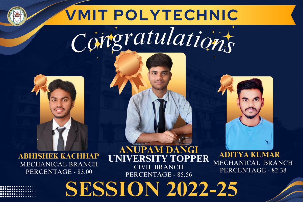 Vmitpolytechnic's tweet photo. 👨‍🎓👨‍🎓 Congratulations to Our Brightest Stars! 
VMIT Polytechnic is proud to celebrate the outstanding achievements of our toppers from Session 2022–25! https://t.co/ymZNnjX9Bv