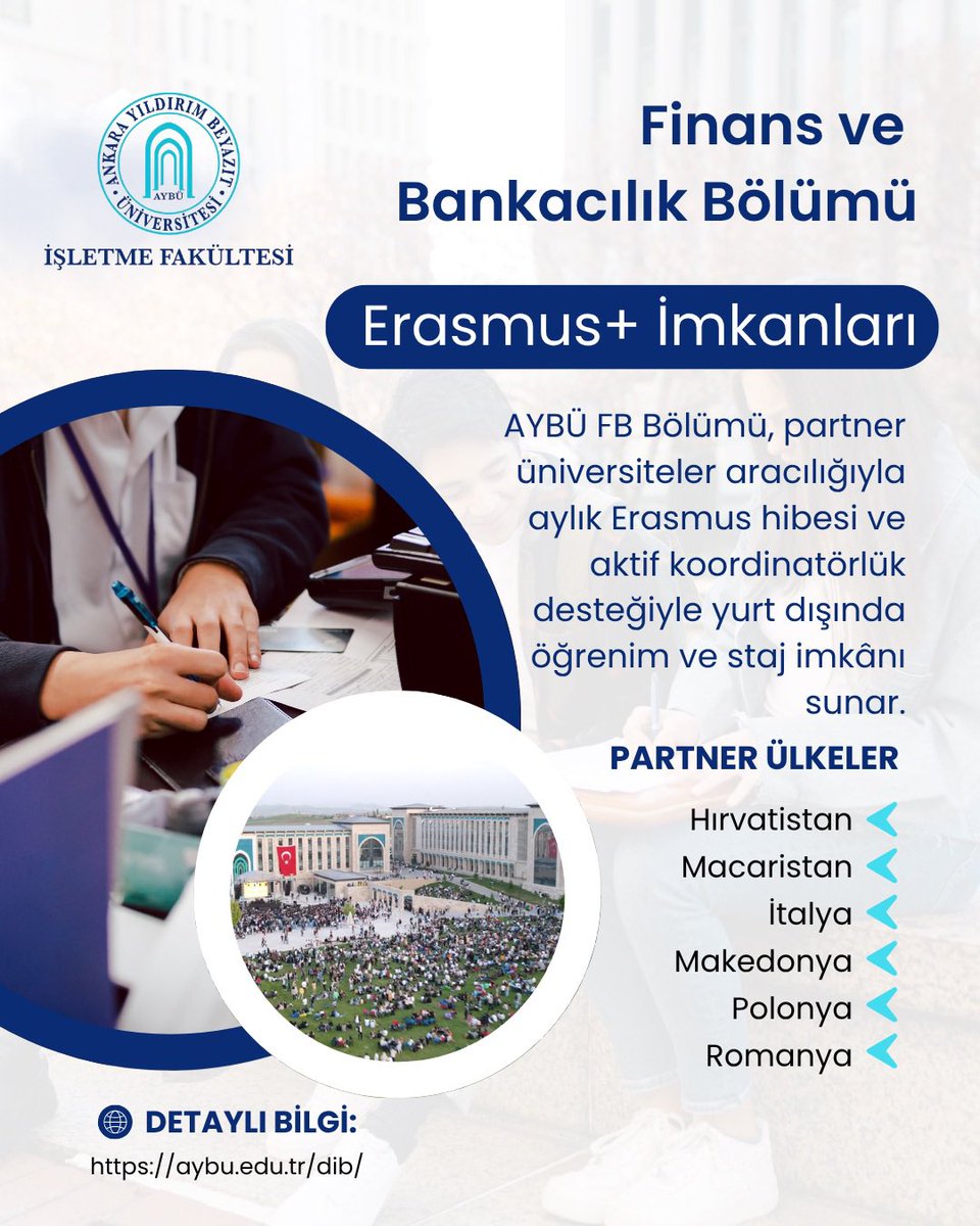 AYBÜ İşletme Fakültesi (@aybuisletme) on Twitter photo İşletme fakültesini seçmek için bir çok neden var. Bunlardan birisi de bir çok ülkeyle olan Erasmus anlaşmalarımız. Öğrencilerimiz Erasmus imkanı sayesinde hem yabancı dillerini geliştiriyor hem de başka kültürlerle tanışma fırsatı buluyorlar.
<a href="/ybuankara/">Ankara Yıldırım Beyazıt Üniversitesi</a> <a href="/acengizkoseoglu/">Ali Cengiz Köseoğlu</a> İşletme fakültesini seçmek için bir çok neden var. Bunlardan birisi de bir çok ülkeyle olan Erasmus anlaşmalarımız. Öğrencilerimiz Erasmus imkanı sayesinde hem yabancı dillerini geliştiriyor hem de başka kültürlerle tanışma fırsatı buluyorlar.
<a href="/ybuankara/">Ankara Yıldırım Beyazıt Üniversitesi</a> <a href="/acengizkoseoglu/">Ali Cengiz Köseoğlu</a>