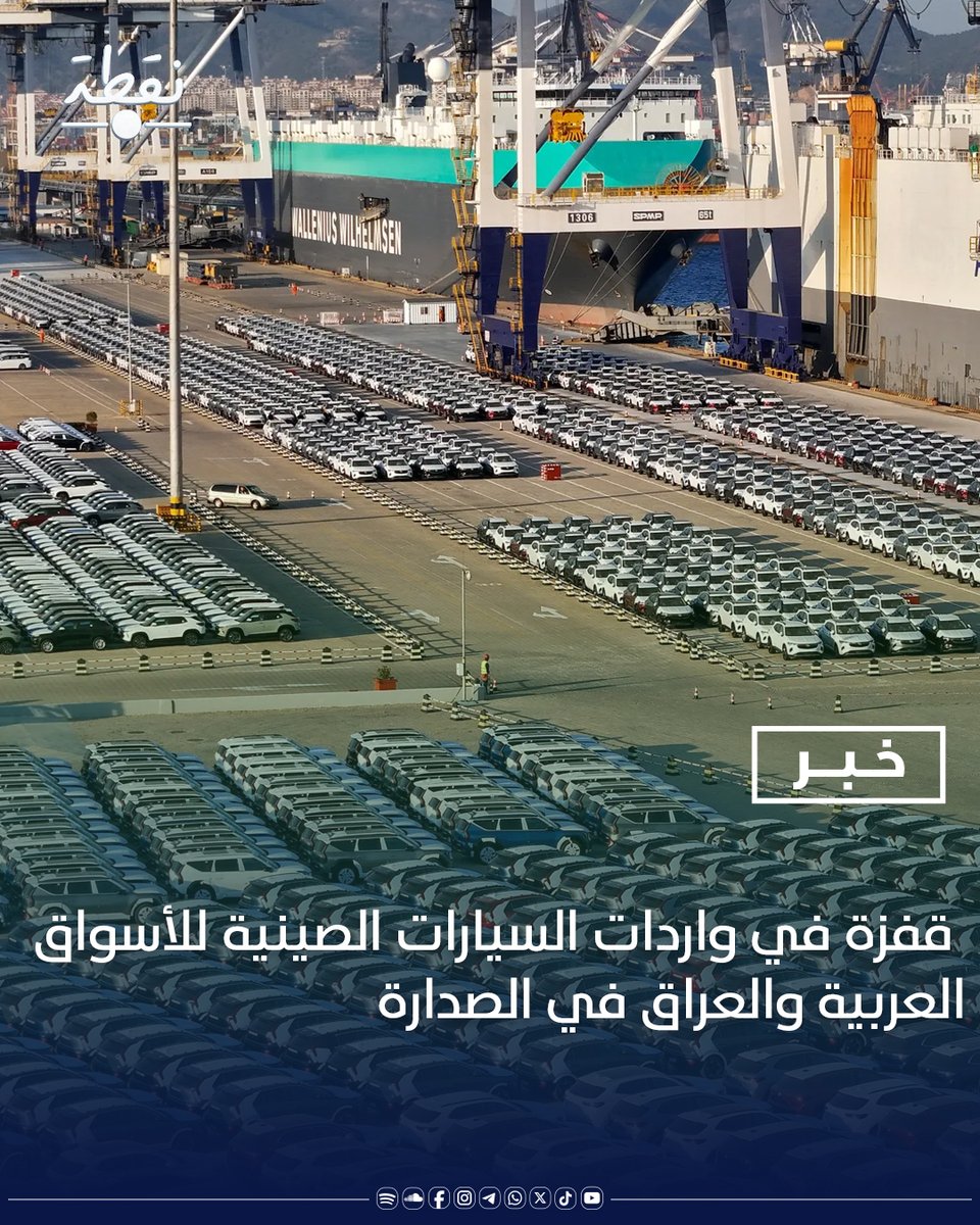 noqtaiq's tweet image. ⭕️ العراق يستورد أكثر من 18 ألف سيارة صينية في النصف الأول من 2025 مقارنة بـ10 آلاف في نفس الفترة من 2024
⭕️ #الإمارات تتصدر القائمة بـ221 ألف سيارة مستوردة تليها #السعودية بـ123 ألف و #تركيا بـ91 ألف
⭕️ #الأردن يسجل أعلى نسبة نمو بواردات السيارات الصينية بنسبة 962% لتتجاوز 23…