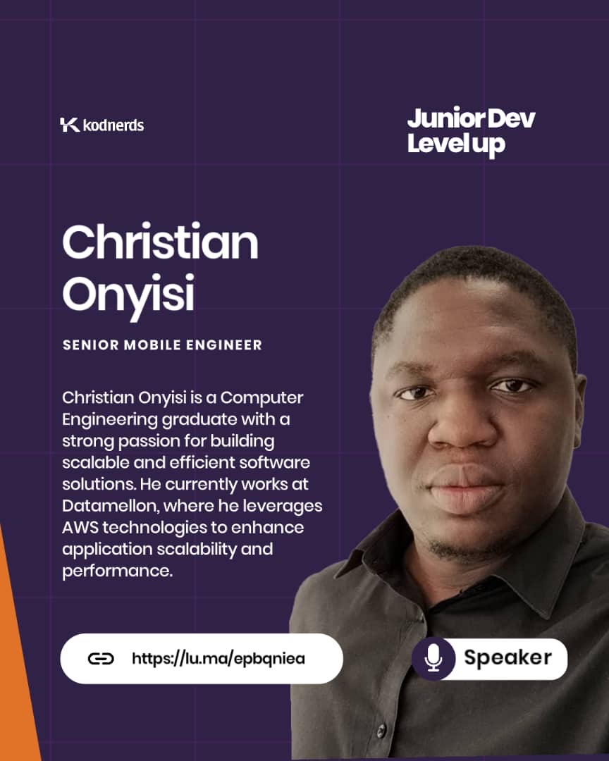 kodnerds's tweet image. Meet Christian Onyisi — Senior Mobile Engineer &amp;amp; speaker at Junior Dev Level Up 🔥

He’s breaking down how juniors can grow faster, build better, and land real jobs.
Join us August 16 at 6PM WAT.
 Register → lu.ma/epbqniea