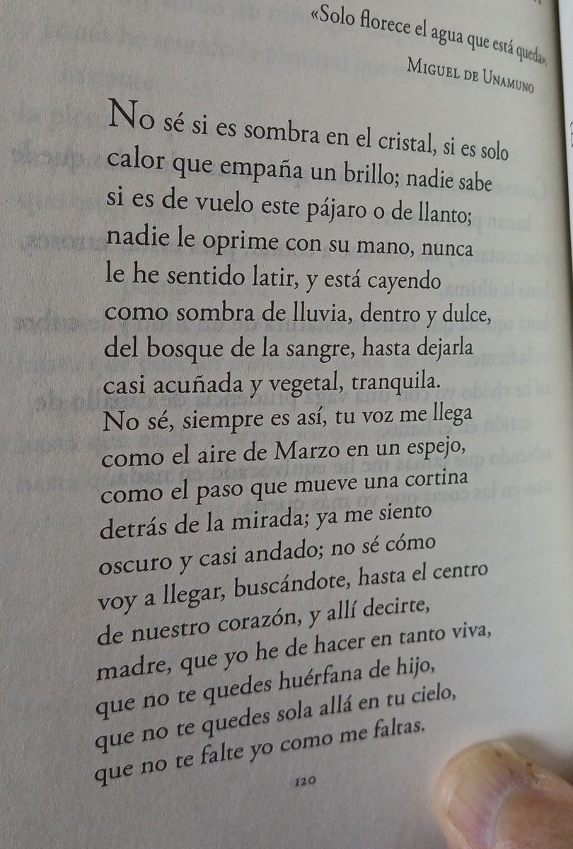 El poema se llama "Y escribir tu silencio sobre el agua". Pertenece a su libro  Rimas. La cita es de D. Miguel de Unamuno y dice "sólo florece el agua que está  queda". En poema es sobre su madre y es muy bonito. Siempre tuvo adoración por ella.