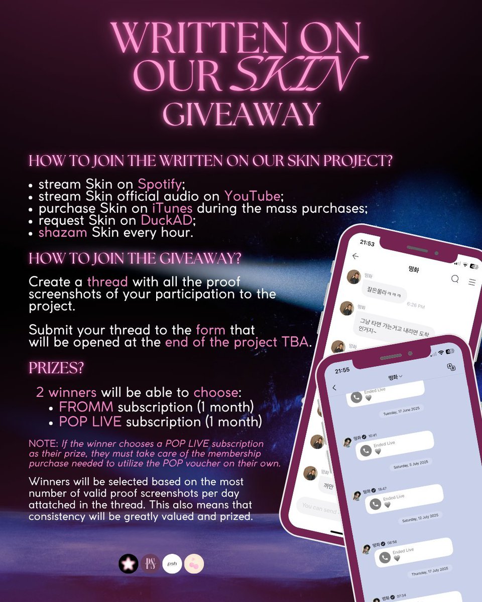 _SeonghwaWorld_'s tweet image. 🚨 GIVEAWAY
ATINYs we are announcing a giveaway for #WrittenOnOurSkin project 🩶
Participate in the events for entry ❤️🔥
Check the poster for more info ⬇️
2 winners will choose:
— FROMM subscription (1 month)
— TOKTOQ subscription (1 month)
#SkinBySeonghwa #SEONGHWA #성화