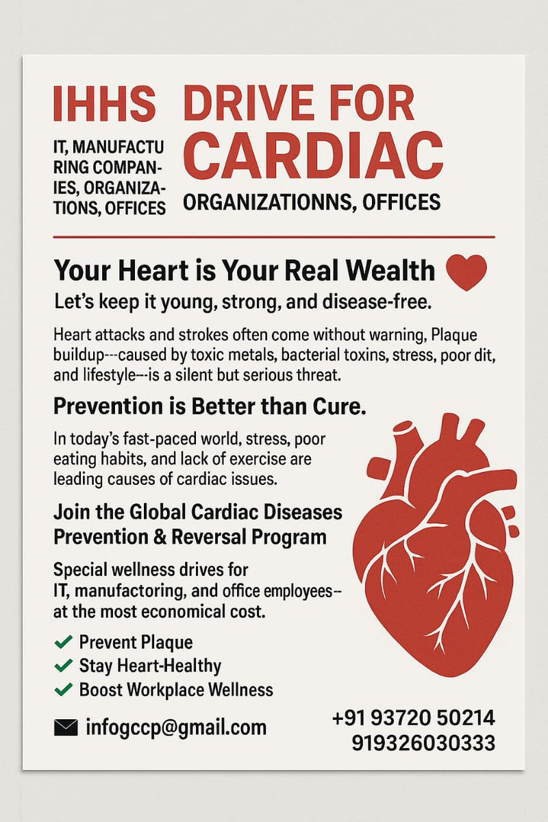 infogppm's tweet image. 🌍 Cardiac Disease-Free Nations ARE Possible! 🫀
The global heart crisis demands bold, cost-effective action.

Integrative Holistic Healthcare System (IHHS) enables prevention &amp;amp; reversal.

🌐 Act now. Lead change.
📞 +91 9372050214
📧 infogccp@gmail.com

#CardiacHealth