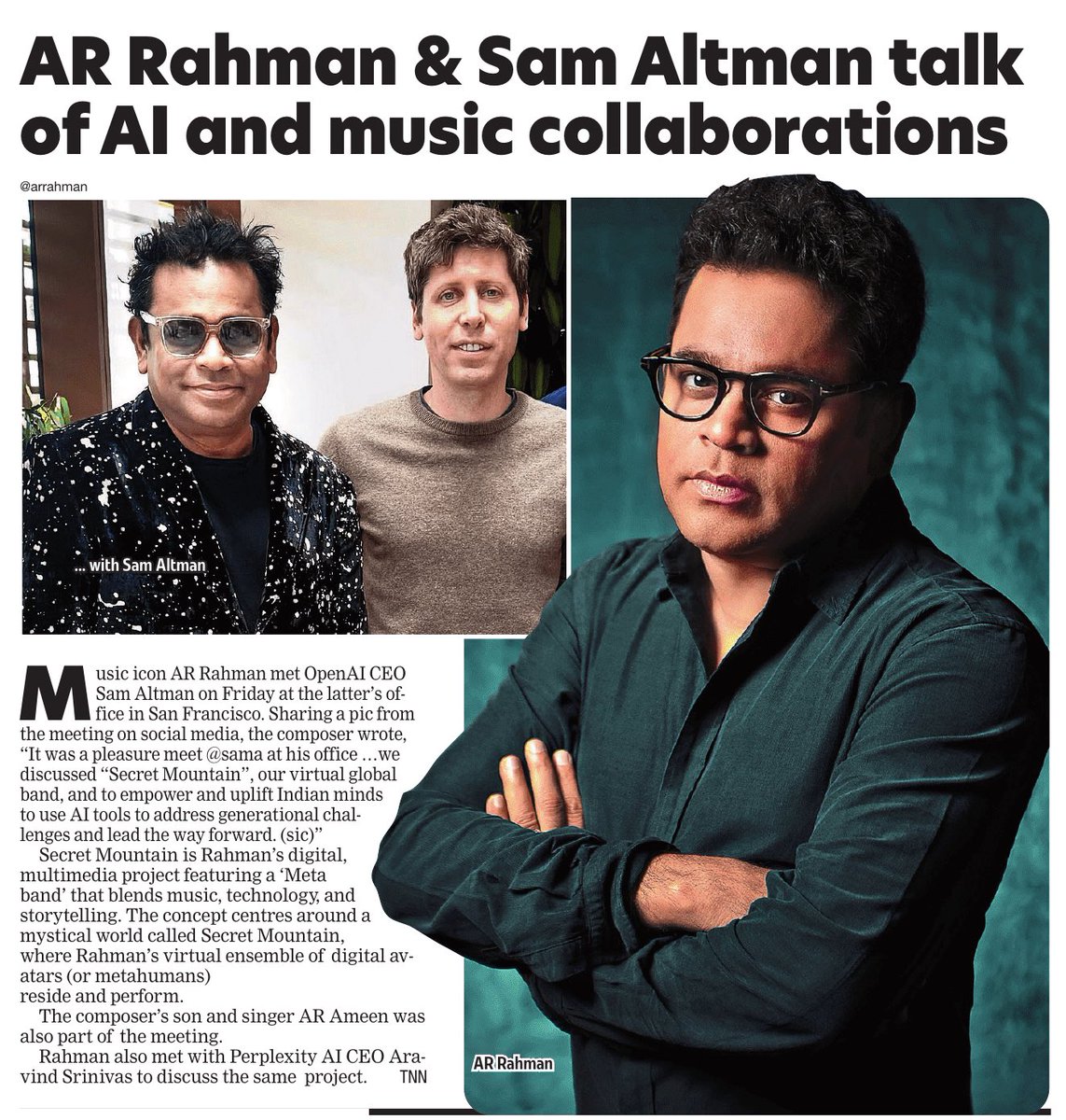 ursniresh's tweet image. #ARRahman & Sam Altman talk of AI and music collaborations
@arrahman