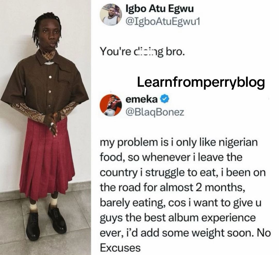 Learnfromperryb's tweet image. Rapper Blaqbonez reacts to a comment about his noticeable weight loss in new photos.

#blaqbonez #learnfromperryblog