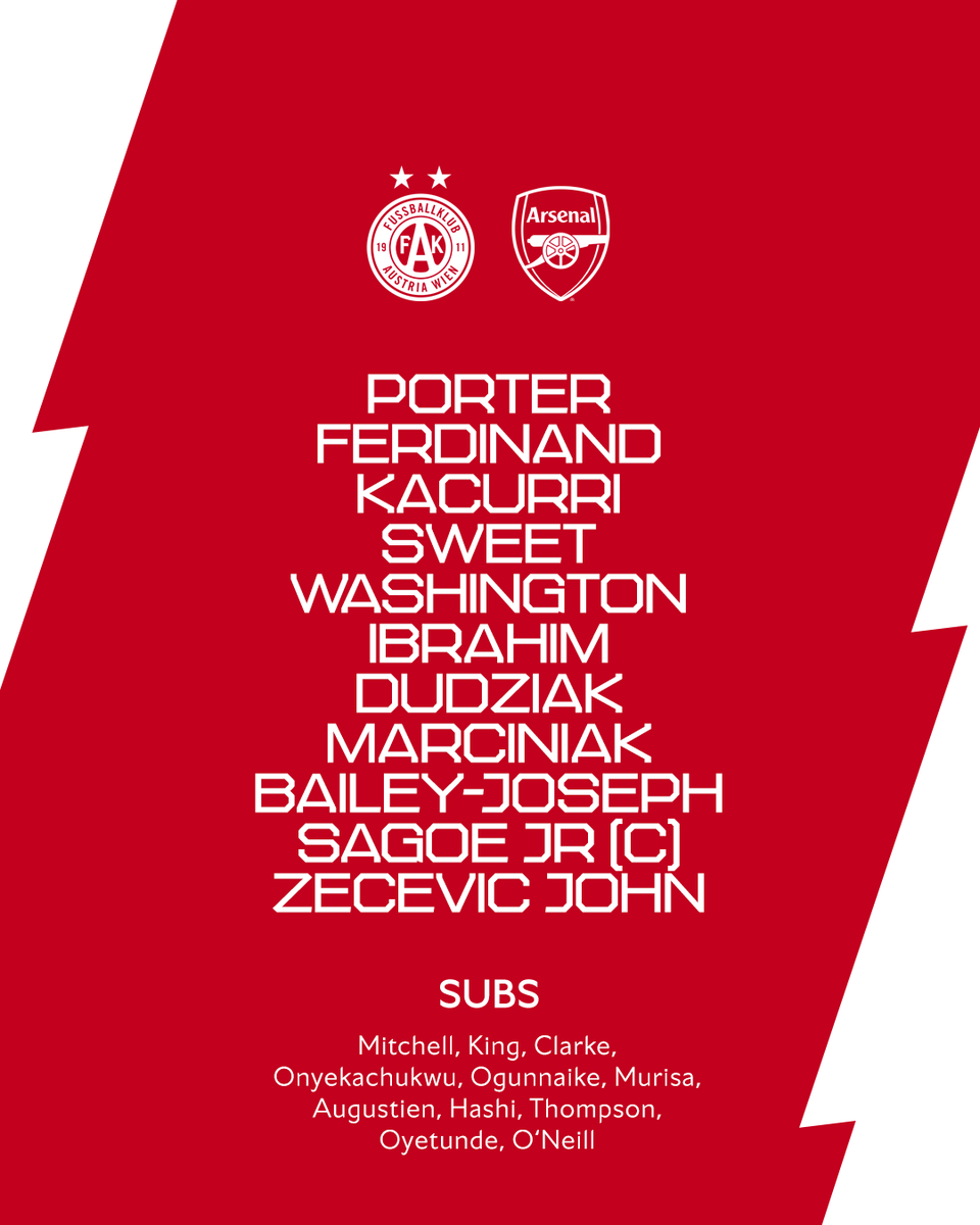 ArsenalAcademy's tweet image. 🔴 𝗧𝗘𝗔𝗠𝙉𝙀𝙒𝙎 ⚪️
🧤 Porter in goal
🤝 Kacurri & Sweet at the back
⚡️ Bailey-Joseph in attack
Let's do this, Gunners 👊
#AFCU21