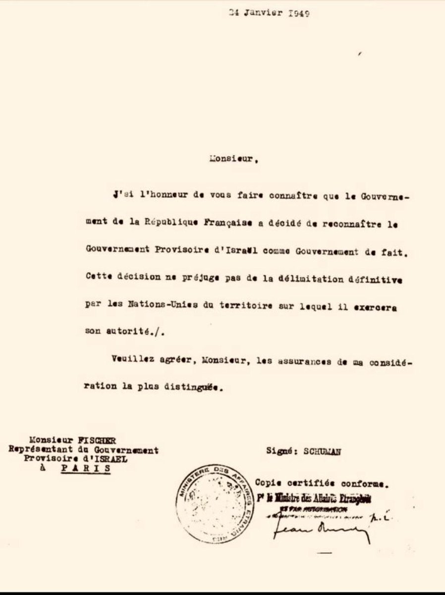 Alors que la France s’apprête à reconnaître l’État de Palestine, souvenons-nous de la reconnaissance de l’État d’Israël par la France, le 24 janvier 1949.

« Cette décision ne préjuge pas de la délimitation définitive par les Nations Unies du territoire sur lequel il exercera