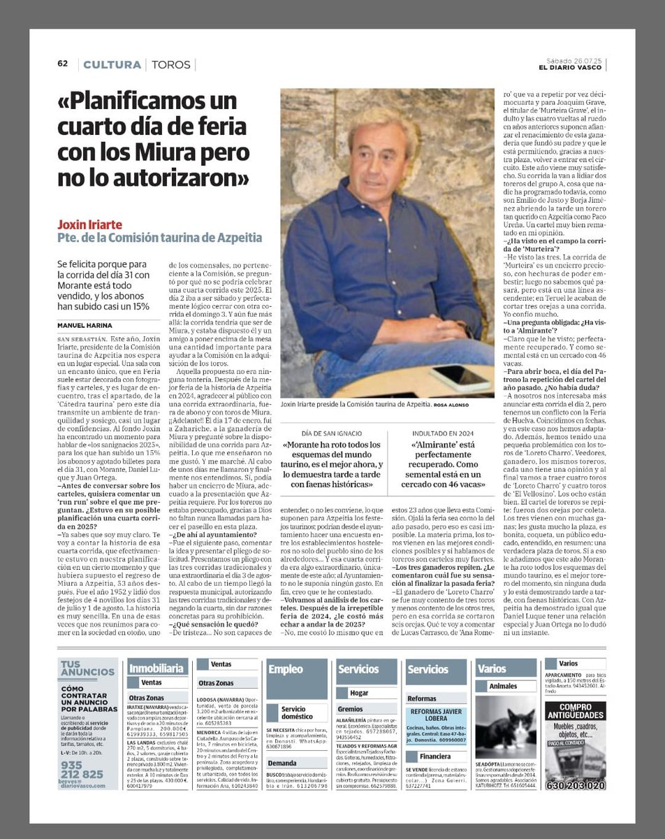 🎙 ENTREVISTA de Joxín Iriarte, Presidente de la Comisión Taurina de Azpeitia, en el <a href="/diariovasco/">El Diario Vasco</a>.

👉🎟️ 𝗖𝗢𝗠𝗣𝗥𝗔 𝗧𝗨𝗦 𝗘𝗡𝗧𝗥𝗔𝗗𝗔𝗦 taquillas de la plaza y a través 📲 torosazpeitia.com 

#AzpeitiaZezenketaKulturaDa