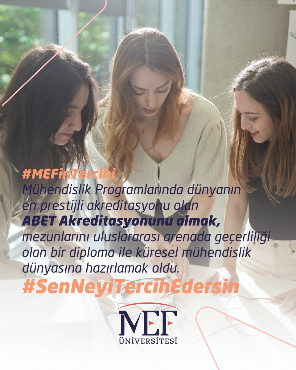 MEFuniversitesi's tweet image. #MEFinTercihi
Mühendislik Programlarında dünyanın en prestijli akreditasyonu olan ABET Akreditasyonunu almak, mezunlarını uluslararası arenada geçerliliği olan bir diploma ile küresel mühendislik dünyasına hazırlamak oldu.
#SenNeyiTercihEdersin
#MEFinTercihi #MEFuniversitesi…