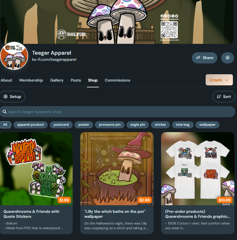 TeegerApparel's tweet image. For my new #artmoots who has followed me and wanna support my mushrooms OCs

you can support me on my Ko-Fi, there are memberships tiers and merchandise (both digital and physical goods) or follow me on this link : ko-fi.com/teegerapparel 

#smallartist #transartist