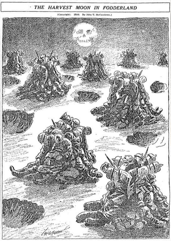 ThisDayInWWI's tweet image. The Tacoma Times Jul 26 1915 Bob Satterfield cartoon showing the WW1's causalities after 1 year of war. Total Killed in Action is 2,392,300
NZ Thames Star Jul 20 1918 Heavy Casualties, No Gains
Chicago Tribune Jul 8 1916 John T McCutcheon cartoon
Harvest moon in Fodderland