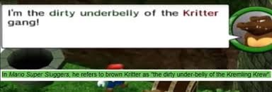 kingkrool_real's tweet image. Can people please stop spreading this image around, I have multiple brown kritters in my krew. It’s just that this brown kritter just joined my krew and newbies start as underbelly’s.