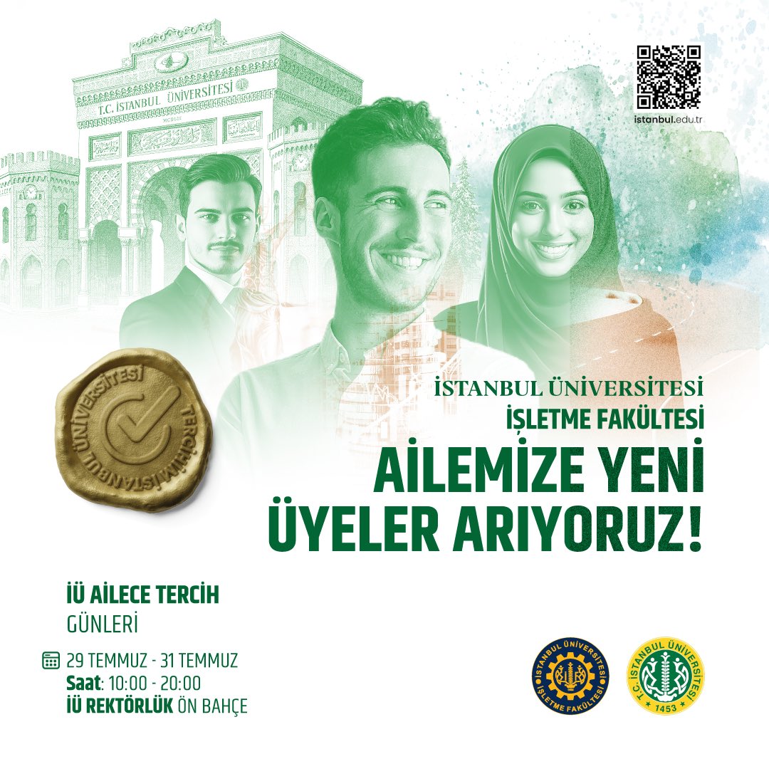 istuniresmi's tweet image. İstanbul Üniversitesi İşletme Fakültesi, sizi bilgiyle donanmış, vizyoner bir geleceğe davet ediyor. Akademik gücümüzü, köklü geçmişimizi ve uluslararası bağlantılarımızı yakından tanımak için “İÜ Ailece Tercih Günleri”nde buluşalım. #AileceTercih #TercihimİÜ