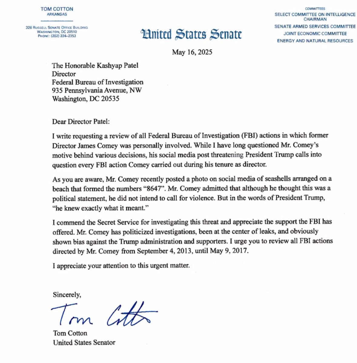 nicksortor's tweet image. 🚨 JUST IN: Sen. Tom Cotton is attempting to pressure Kash Patel into hand over to him EVERYTHING the FBI knows about James Comey

NO! Tom Cotton is a deep state SNAKE!

The same snake who just filed legislation to GUT TULSI’S OFFICE after she exposed Obama.

He’ll merely forward…