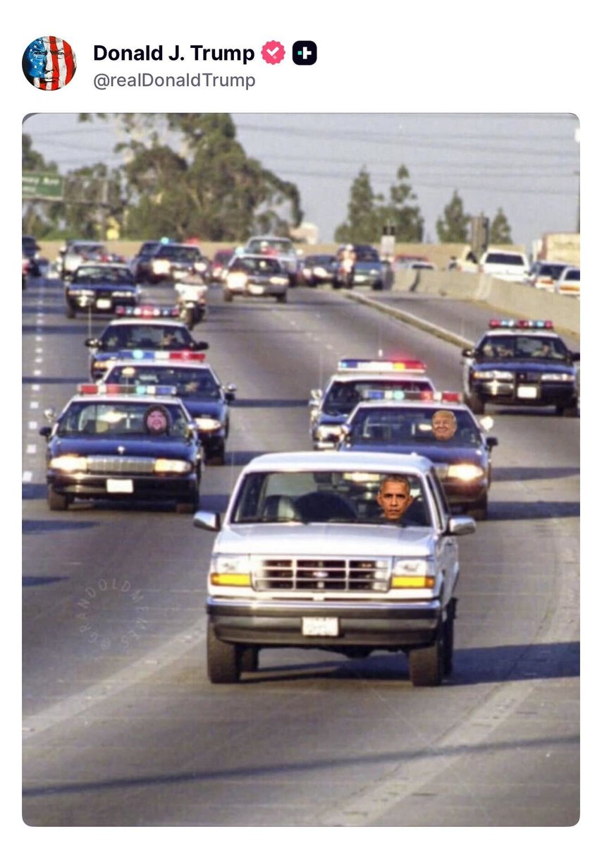 🚨 LMAO! President Trump just posted a photo of he and JD Vance chasing down Obama in police cars...

...look closer at JD's face. No way 🤣