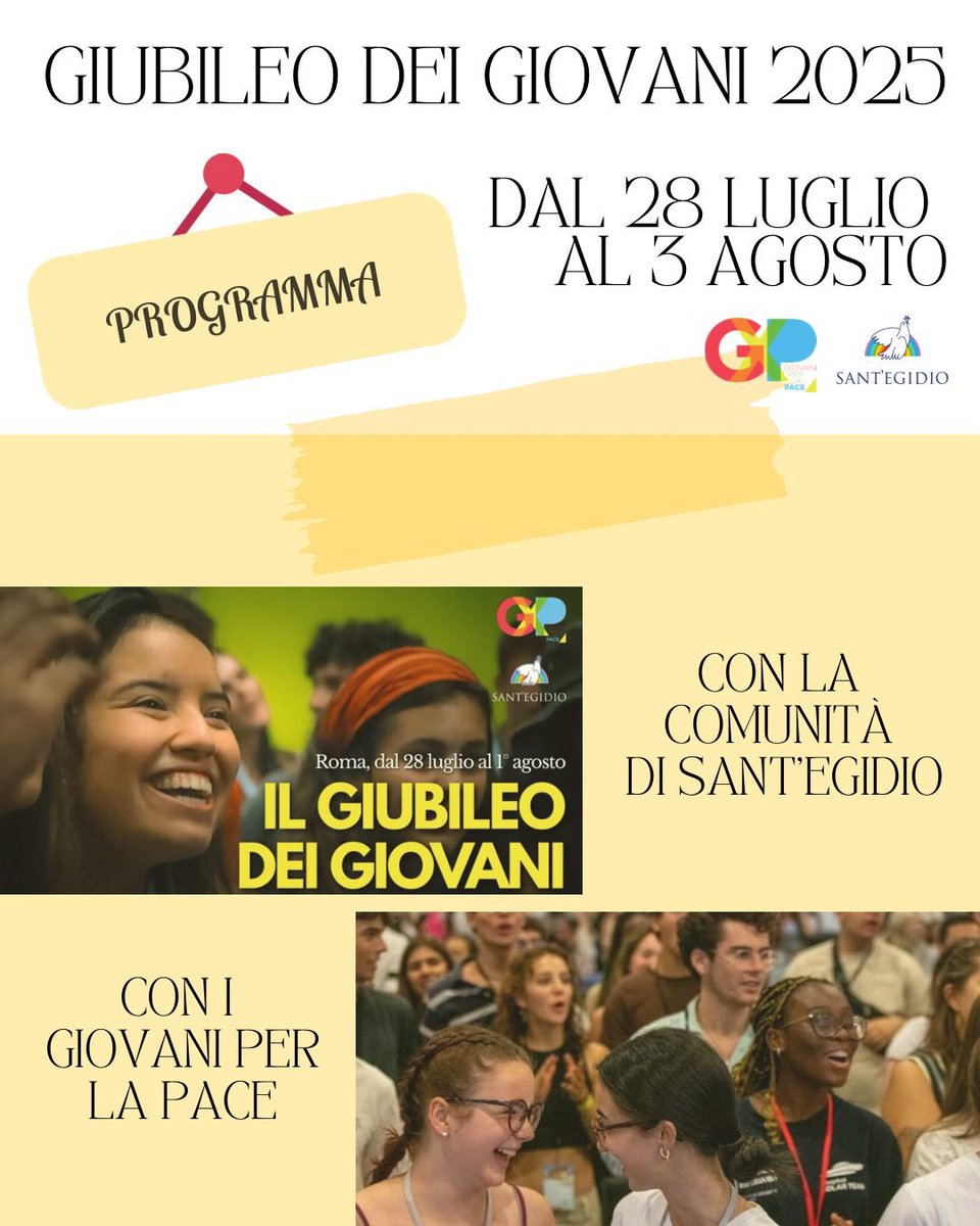 gxlapace's tweet image. ⏱️Manca davvero poco all’inizio del #Giubileo dei Giovani a Roma, e noi ragazzi e ragazze di @santegidionews, in particolare romani e romane, accoglieremo i giovani pellegrini che vorranno conoscerci!

👉 Per tutte le informazioni sugli incontri: santegidio.org/pageID/30284/l…