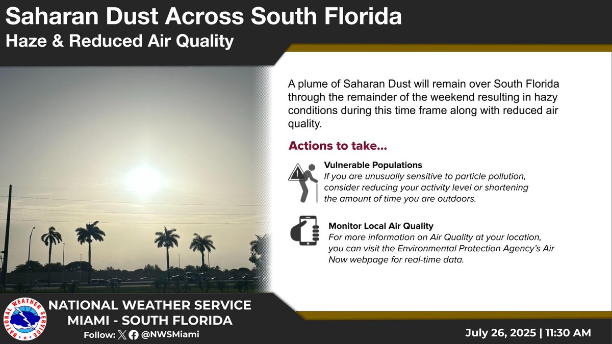 July 26th at 11:30am: A plume of Saharan Dust will remain over South Florida through the remainder of the weekend resulting in hazy conditions, reduced air quality, and rain chances below climatological norms.