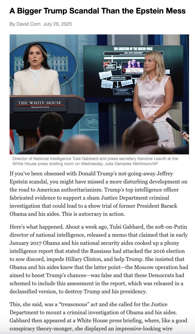NEW: Here's a new scandal bigger than the Epstein mess. Trump's top intel officer is fabricating evidence so his DOJ can prosecute Obama &amp; his aides w/ possible show trials—as Trump says, "Whether it’s right or wrong, it’s time to go after people.”
link.motherjones.com/public/40858625
