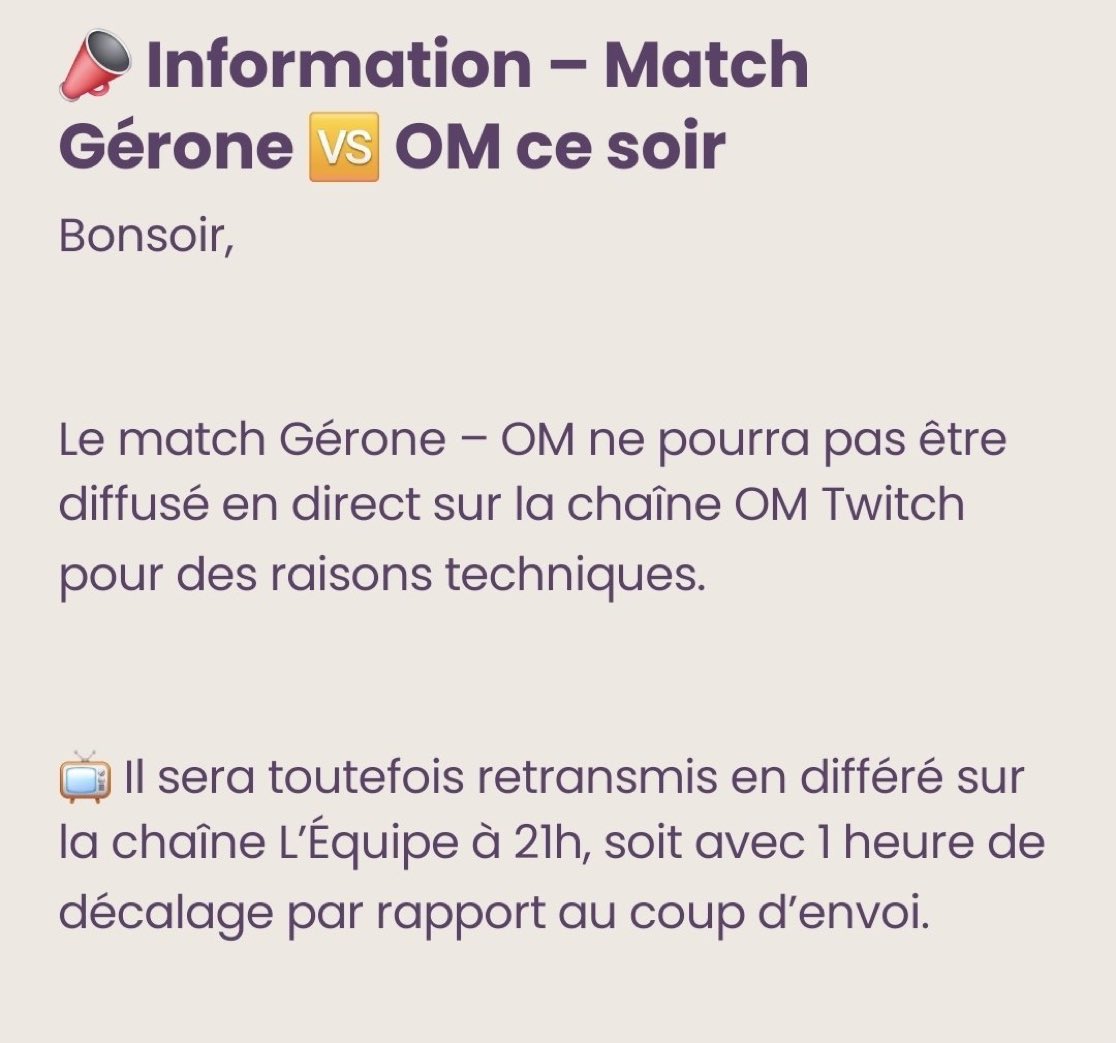 ALLEZ_L0M's tweet image. 🚨 𝐋𝐄 𝐌𝐀𝐓𝐂𝐇 𝐄𝐍𝐓𝐑𝐄 𝐆𝐈𝐑𝐎𝐍𝐀 𝐅𝐂 🇪🇸 𝐄𝐓 𝐋&apos;𝐎𝐌 𝐍𝐄 𝐒𝐄𝐑𝐀 𝐏𝐀𝐒 𝐃𝐈𝐅𝐅𝐔𝐒𝐄́ 𝐒𝐔𝐑 𝐓𝐖𝐈𝐓𝐂𝐇 ! ❌

📺 Le match sera diffusé à 21H00 en différé sur L&apos;Equipe 21 ! (Le match ne sera pas en direct à cause de problèmes techniques concernant Twitch)...…