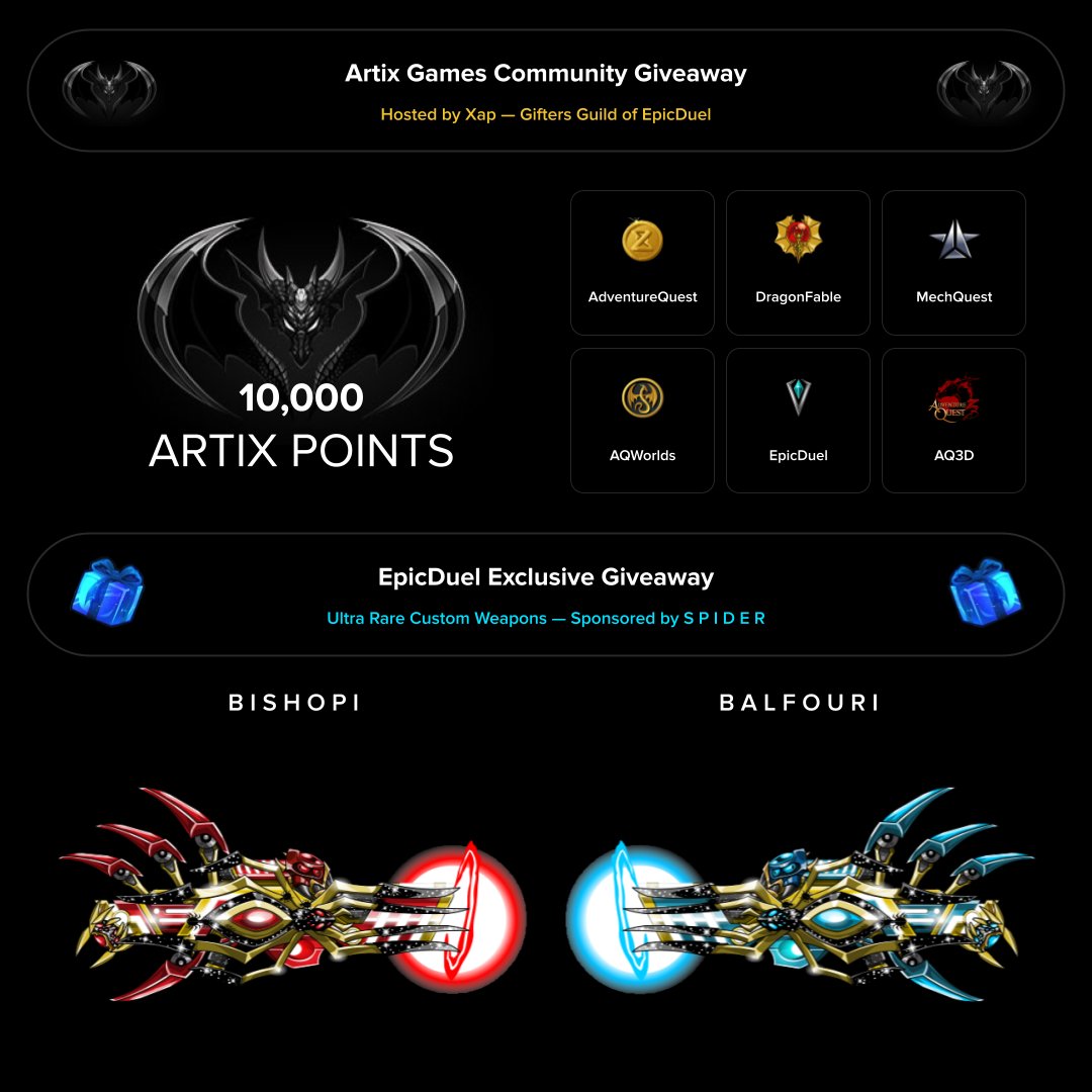 Xap (@edxap) on Twitter photo ONE
• 🤍 Open Giveaway » All AE Players
• 🪙 Reward » 10,000 Artix Points
• 📍 Enter » Repost
TWO
• 🔒 Exclusive Giveaway » EpicDuel Players
• ❄️ Reward » Ultra Rare Custom Weapon
• 📍 Enter » Reply with EpicDuel ID Card
• 🕷️ Follow Sponsor » <a href="/splderED/">S P I D E R</a> (#edcodes) ONE
• 🤍 Open Giveaway » All AE Players
• 🪙 Reward » 10,000 Artix Points
• 📍 Enter » Repost
TWO
• 🔒 Exclusive Giveaway » EpicDuel Players
• ❄️ Reward » Ultra Rare Custom Weapon
• 📍 Enter » Reply with EpicDuel ID Card
• 🕷️ Follow Sponsor » <a href="/splderED/">S P I D E R</a> (#edcodes)