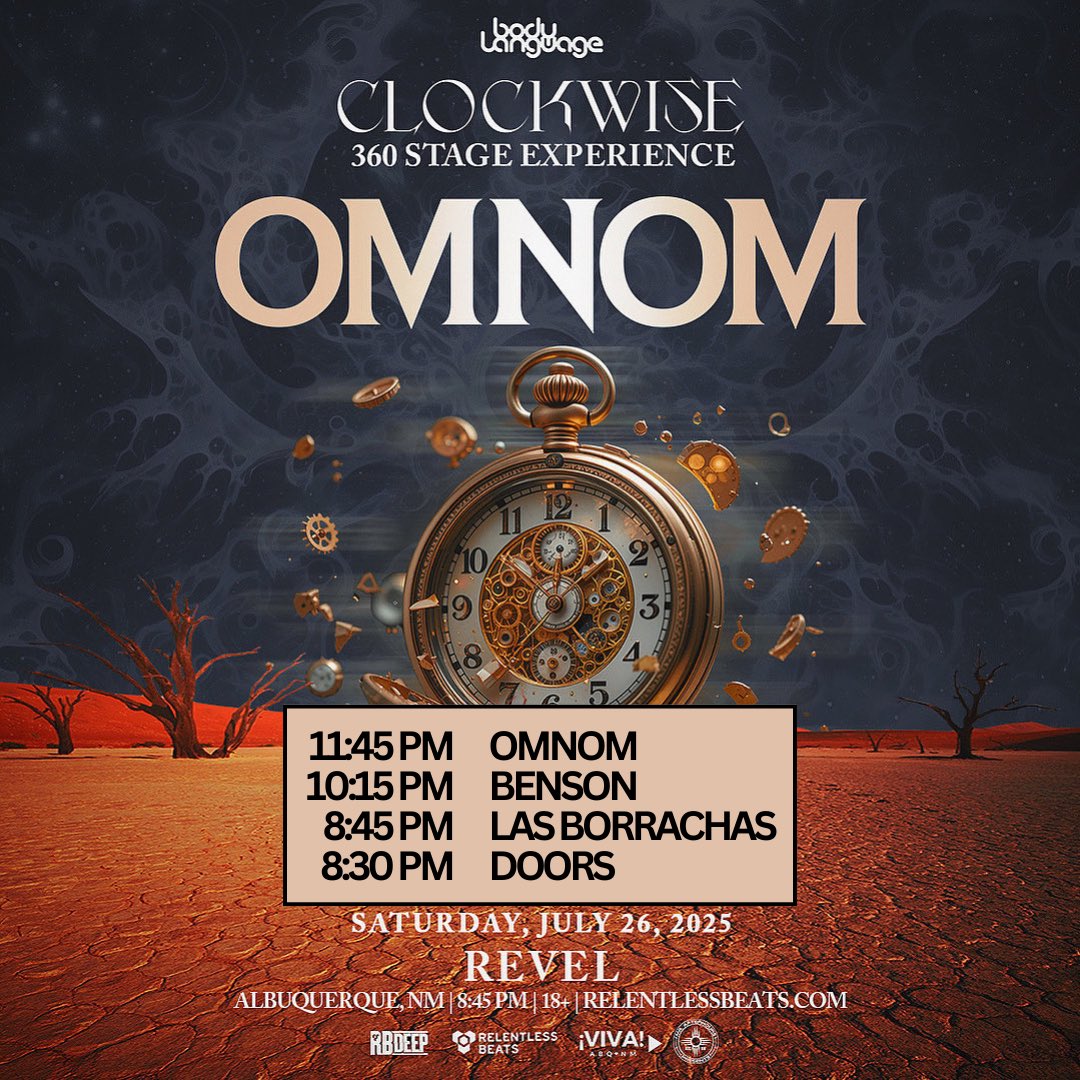 vivaabq's tweet photo. ๐T O N I G H T๐
This oneโs got you surrounded ๐@imOMNOM is flipping the script with a #Clockwise360 Stage experience at REVEL ABQ. You + the dancefloor = center of the universe.
Supported by @BensonAUS aus and local legends Las Borrachas
Doors open at 8:30pm
Tickets ๐ https://t.co/UZKfEFvo9G